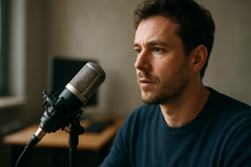 Egy férfi beszél egy mikrofonhoz, stúdió környezetben.