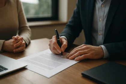 Két ember szándéknyilatkozatot ír alá egy asztalnál.