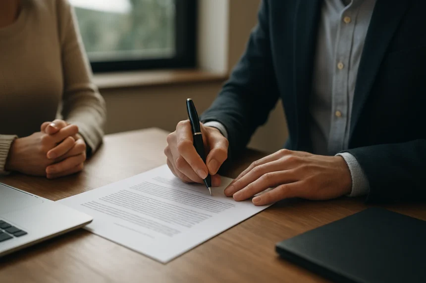 Két ember szándéknyilatkozatot ír alá egy asztalnál.