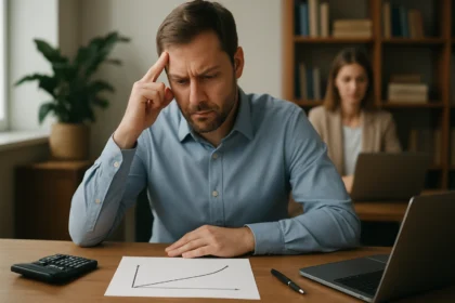 Férfi gazdasági koncepciókkal küzd, csökkenő hozadék elve diagrammal.