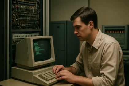 Egy férfi egy régi számítógépen dolgozik az ARPANET hálózatával kapcsolatban.