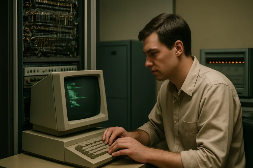 Egy férfi egy régi számítógépen dolgozik az ARPANET hálózatával kapcsolatban.