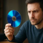 Férfi Blu-ray lemez vizsgálata nagy felbontású média tárolására.