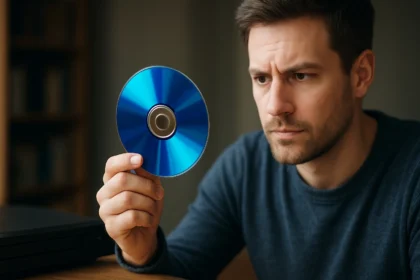 Férfi Blu-ray lemez vizsgálata nagy felbontású média tárolására.