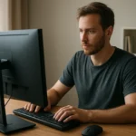 Férfi asztali számítógép előtt, számítógép használat közben.