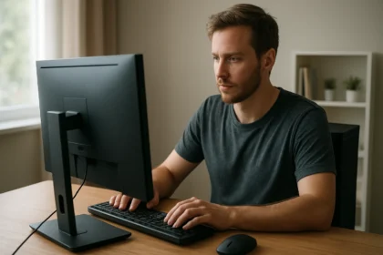 Férfi asztali számítógép előtt, számítógép használat közben.