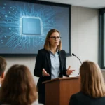 Női előadó technológiai konferencián, háttérben processzor grafika.