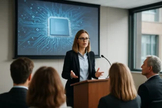 Női előadó technológiai konferencián, háttérben processzor grafika.