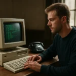 Egy férfi egy régi számítógépen HyperTerminal programmal dolgozik.