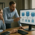 Két szakember közösen dolgozik a tárolókészlet rendszeren.