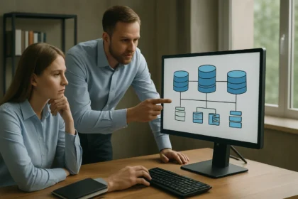 Két szakember közösen dolgozik a tárolókészlet rendszeren.