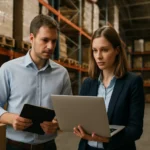 Két szakember anyagkezelési folyamatokat néz át a raktárban