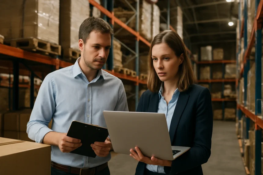 Két szakember anyagkezelési folyamatokat néz át a raktárban