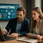 Két szakember marketing stratégiákon dolgozik laptop előtt.