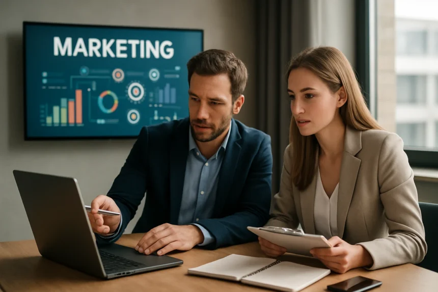 Két szakember marketing stratégiákon dolgozik laptop előtt.