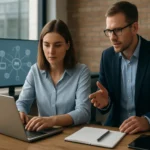 Két szakember a számítógép előtt, az IoT megoldásokról beszélgetve.