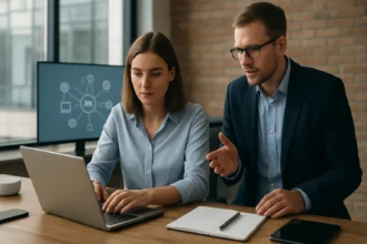 Két szakember a számítógép előtt, az IoT megoldásokról beszélgetve.