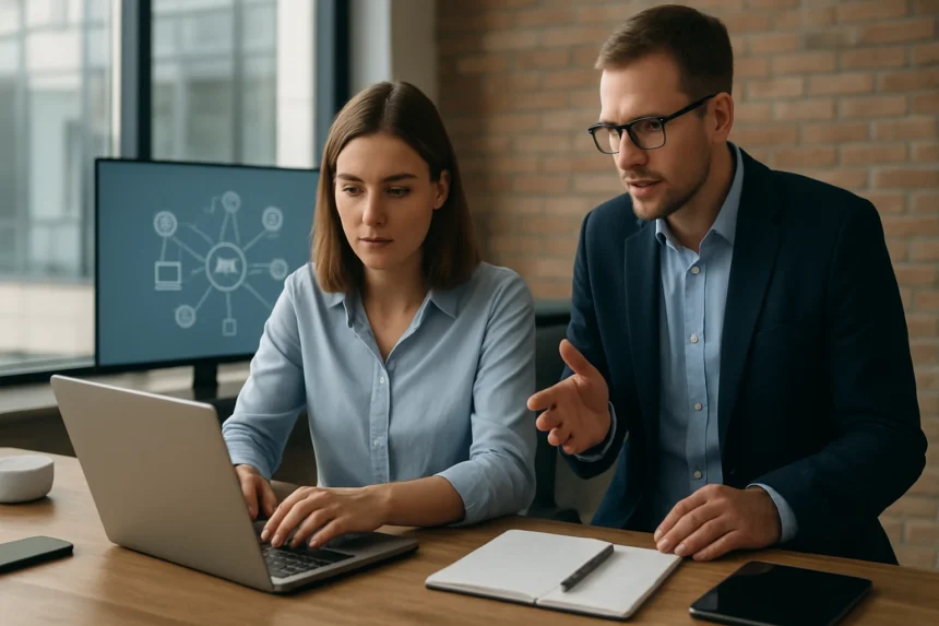 Két szakember a számítógép előtt, az IoT megoldásokról beszélgetve.