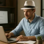 Férfi dolgozik laptopon fehér kalapban, SEO linképítés