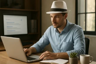 Férfi dolgozik laptopon fehér kalapban, SEO linképítés