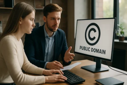 Két szakember a public domainről beszélget a számítógép előtt.