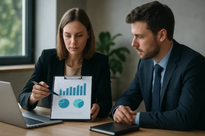 Két üzletember ESG teljesítményről tárgyal