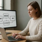 Nő REST architektúra modellel dolgozik számítógépen.