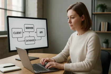 Nő REST architektúra modellel dolgozik számítógépen.