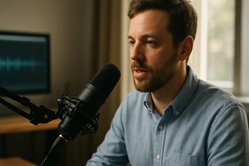 Férfi beszél mikrofonhoz stúdió környezetben