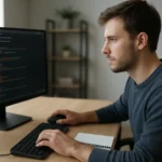 Programozó gép előtt, forráskód ellenőrzése, szoftverfejlesztés