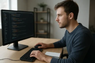 Programozó gép előtt, forráskód ellenőrzése, szoftverfejlesztés