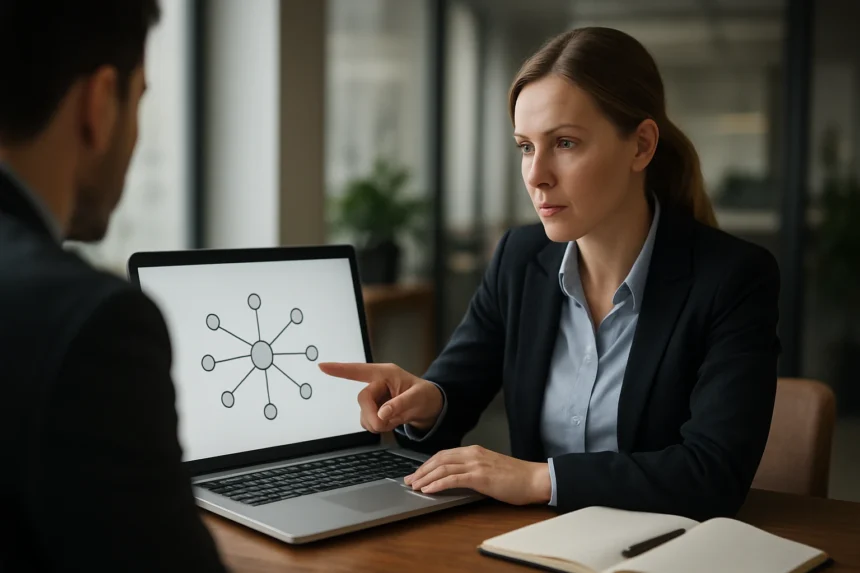 Nő, aki szolgáltatáshálókat mutat be egy laptopon, elosztott alkalmazásokkal foglalkozva.