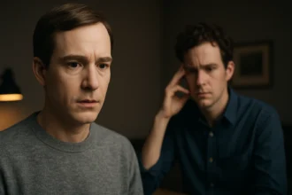 Két férfi szemben ül, az egyik zavarodott, a másik feszült arccal.