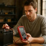 Férfi mérőműszerrel tesztel egy akkumulátort a műhelyben.
