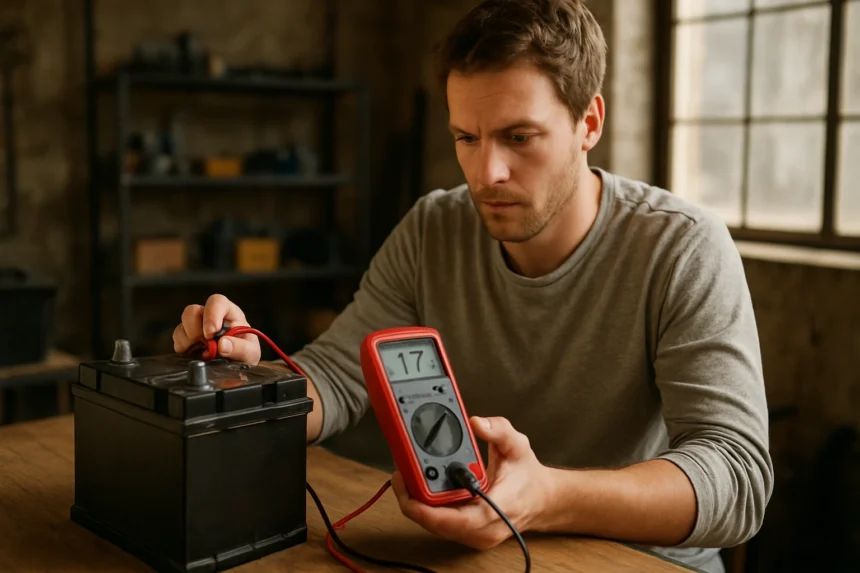 Férfi mérőműszerrel tesztel egy akkumulátort a műhelyben.