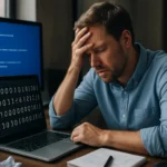 Férfi frusztráltan ül az asztalnál, informatikai összeomlás utáni reakciója.