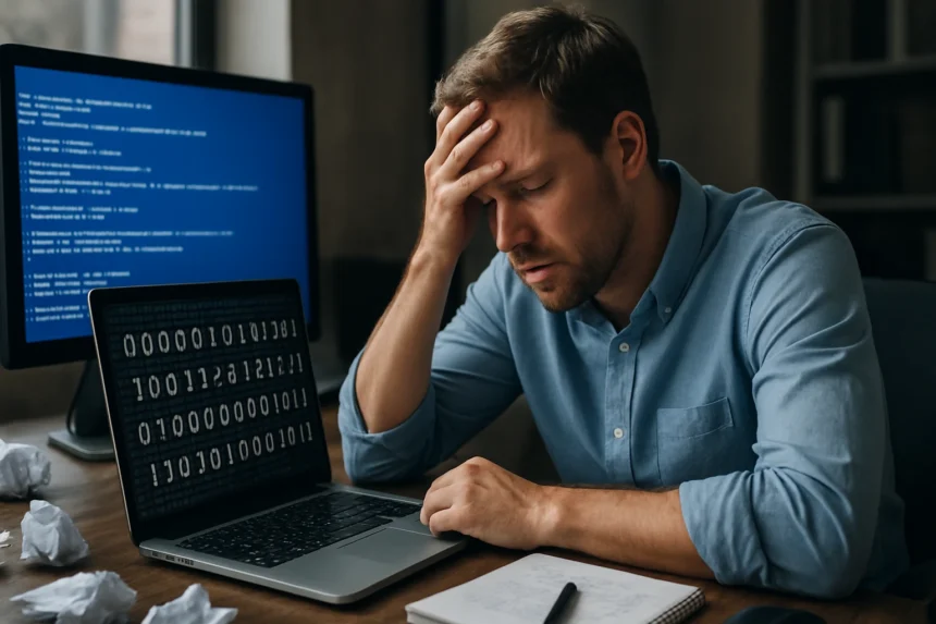 Férfi frusztráltan ül az asztalnál, informatikai összeomlás utáni reakciója.