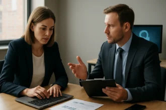 Kiberbiztosításról beszélgető üzleti szakemberek.