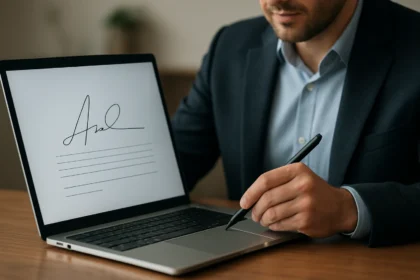 Digitális aláírás készítése laptopon, biztonságos hitelesítés.
