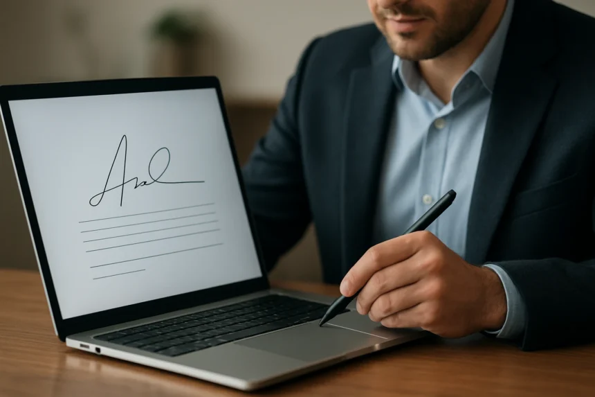 Digitális aláírás készítése laptopon, biztonságos hitelesítés.