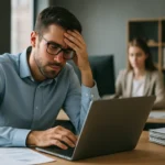 Férfi stresszel a munkáján laptop előtt, irodai környezetben