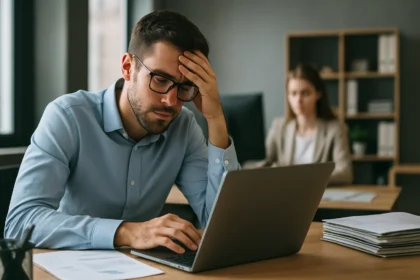 Férfi stresszel a munkáján laptop előtt, irodai környezetben