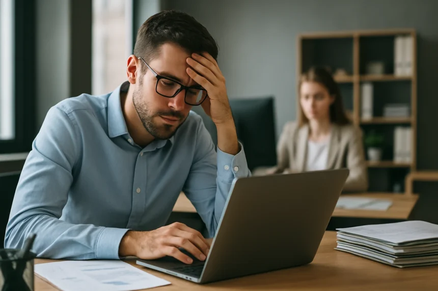 Férfi stresszel a munkáján laptop előtt, irodai környezetben