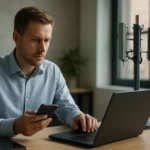 Férfi mobiltelefonját használja egy laptop előtt, zárt 5G hálózattal.