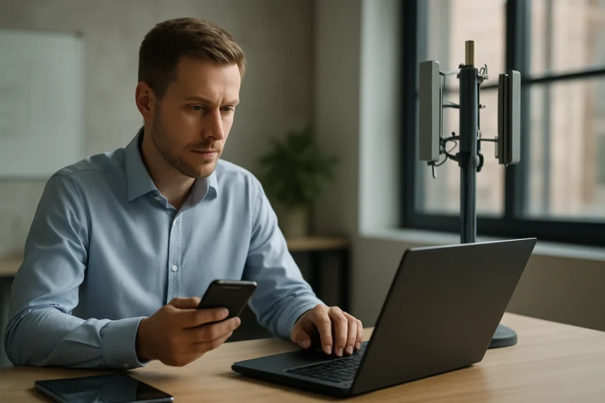 Férfi mobiltelefonját használja egy laptop előtt, zárt 5G hálózattal.