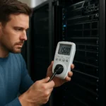 Férfi mér egy teljesítménymérőt IT szerverek előtt.