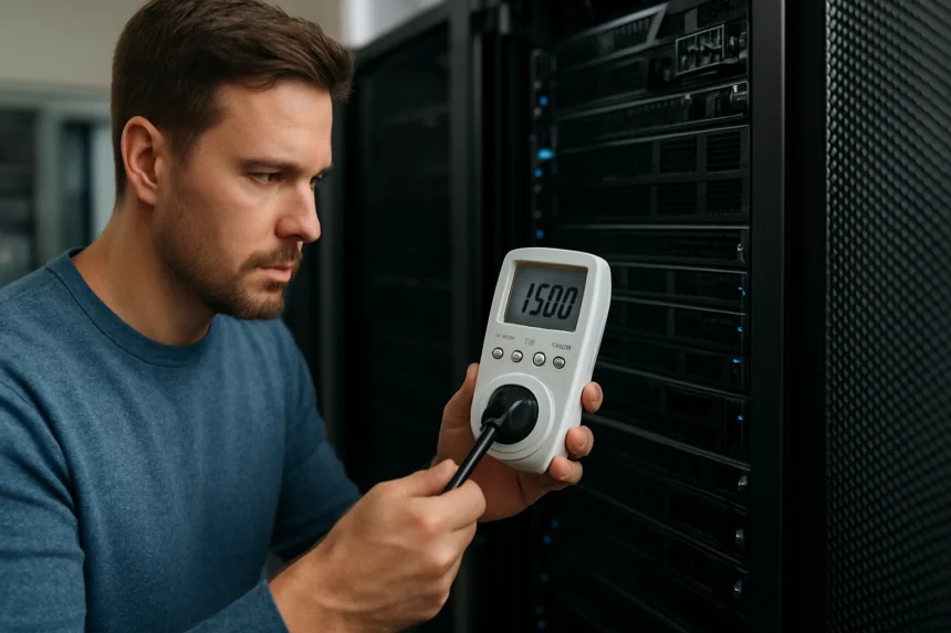 Férfi mér egy teljesítménymérőt IT szerverek előtt.