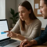 Két ember számítógépen dolgozik felhasználói felületről beszélgetve.