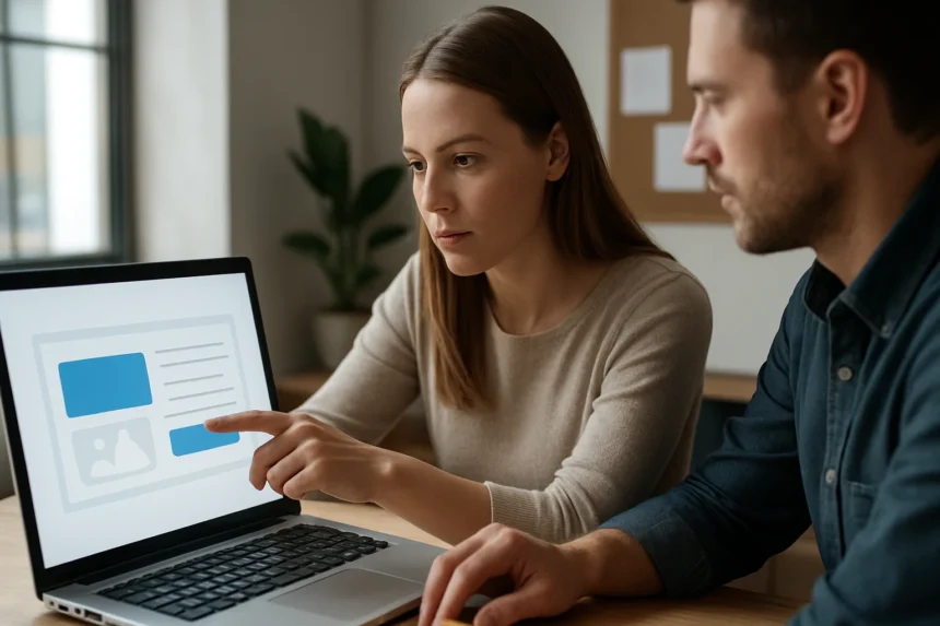 Két ember számítógépen dolgozik felhasználói felületről beszélgetve.