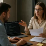 Két szakember szoftverdokumentációról beszélget egy irodában.